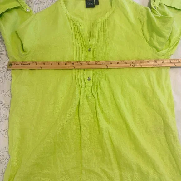 Rafaella Womens 100% Linen L Lime Green Lagenlook V-Neck Tunic Top Beach Summer - Picture 6 of 9